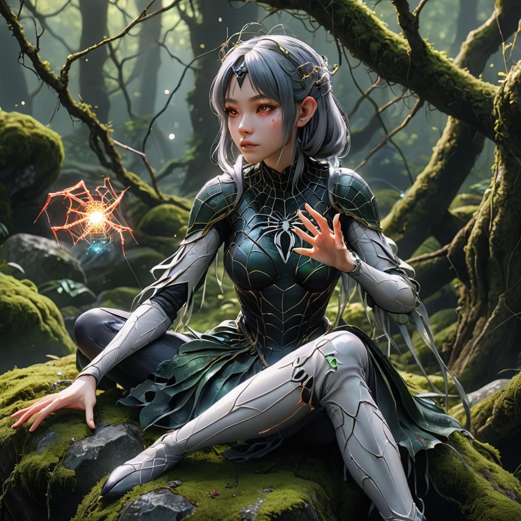 Anime Spider-Girl Gazing at Glowing Web: 3D Digital Art