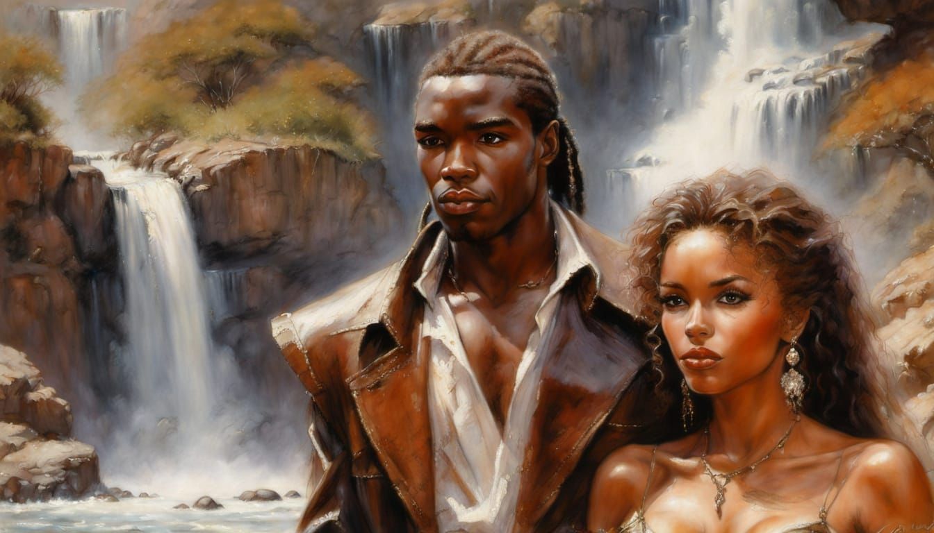 Romantic African Couple Portrait Near Waterfall