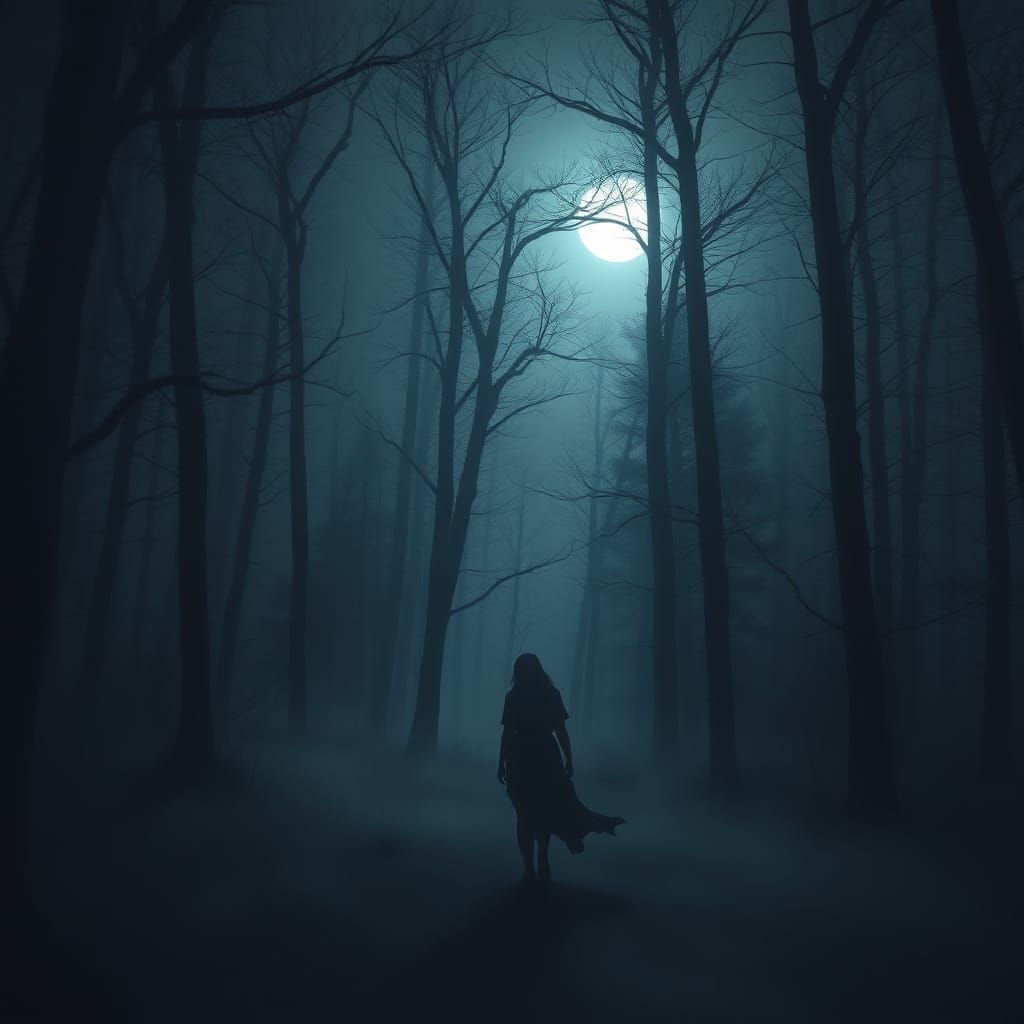 Ethereal Woman Walks Through Moonlit Forest