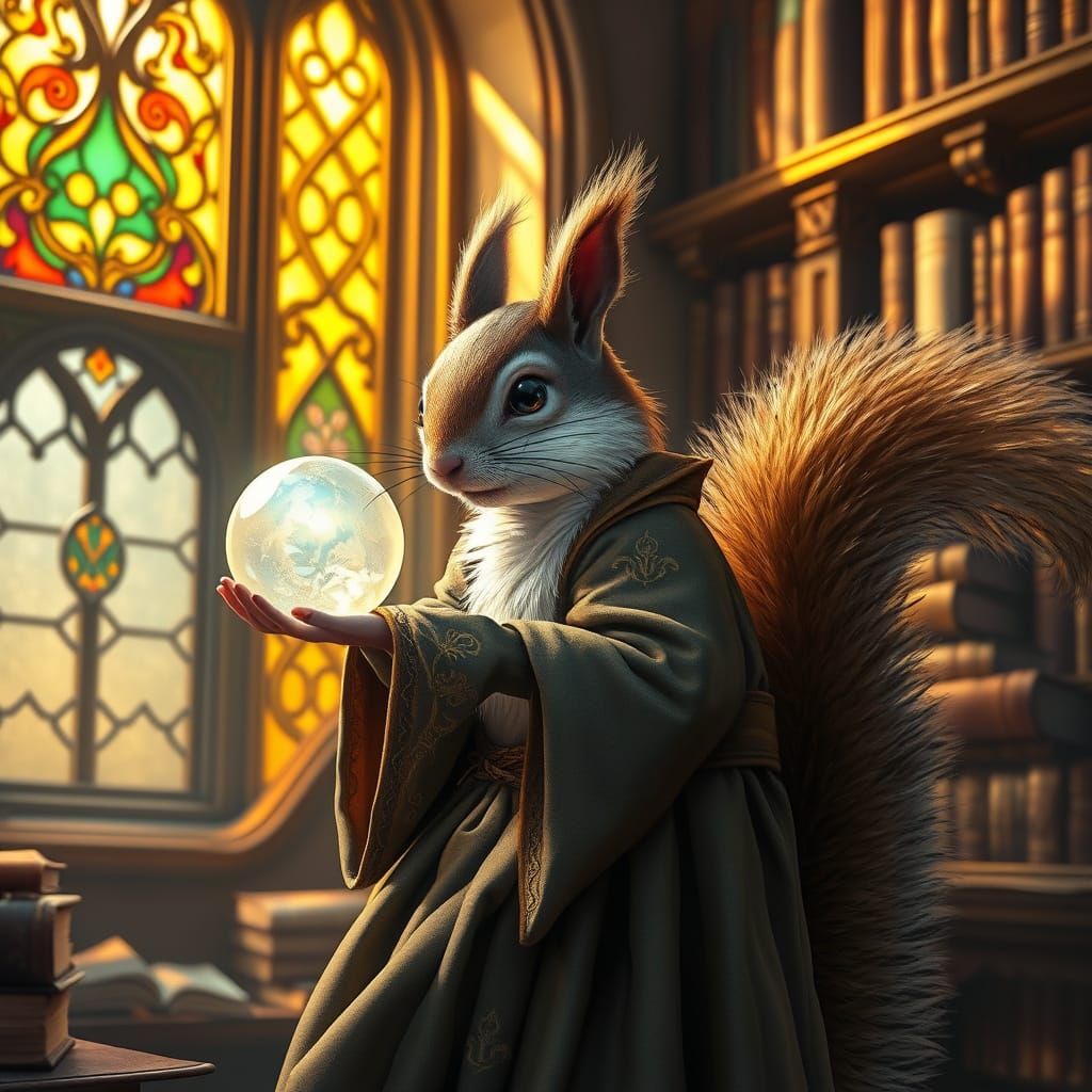 Squirrel Wizard Studying Orb in Mystical Library