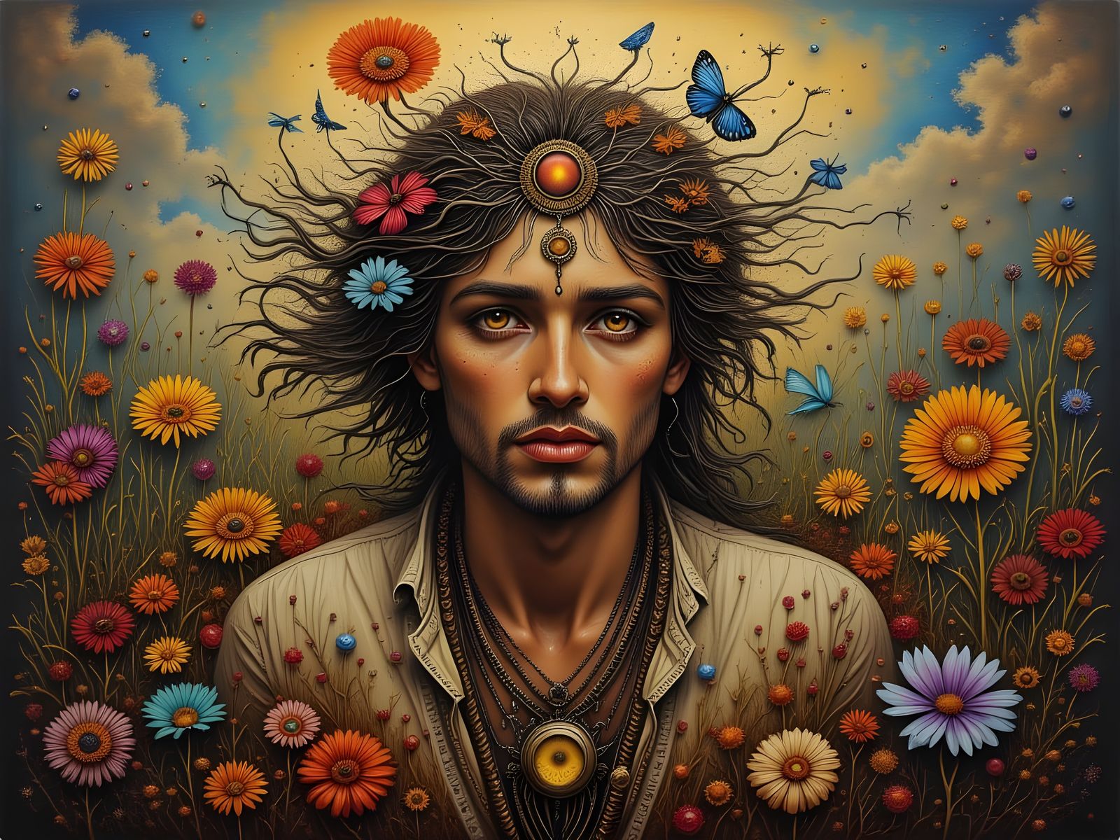 Bohemian Man in Mystical Floral Tapestry, Hand Drawn Style