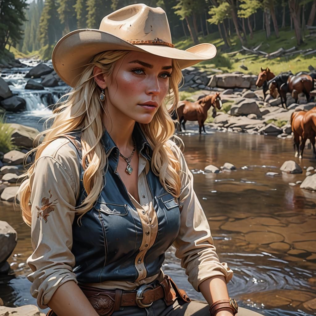 Blonde Cowgirl Watching Wild Horses in Hyperdetailed Style