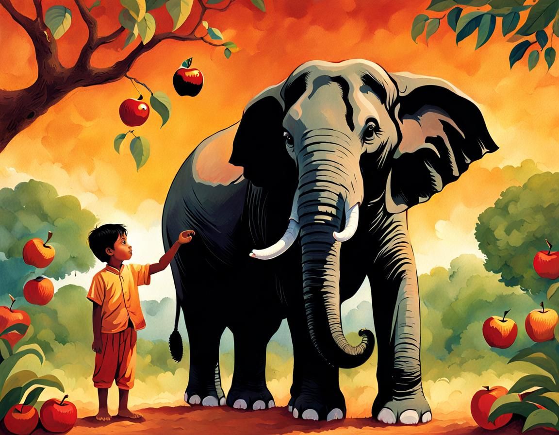Indian Boy Offers Apple to Elephant: Storybook Illustration