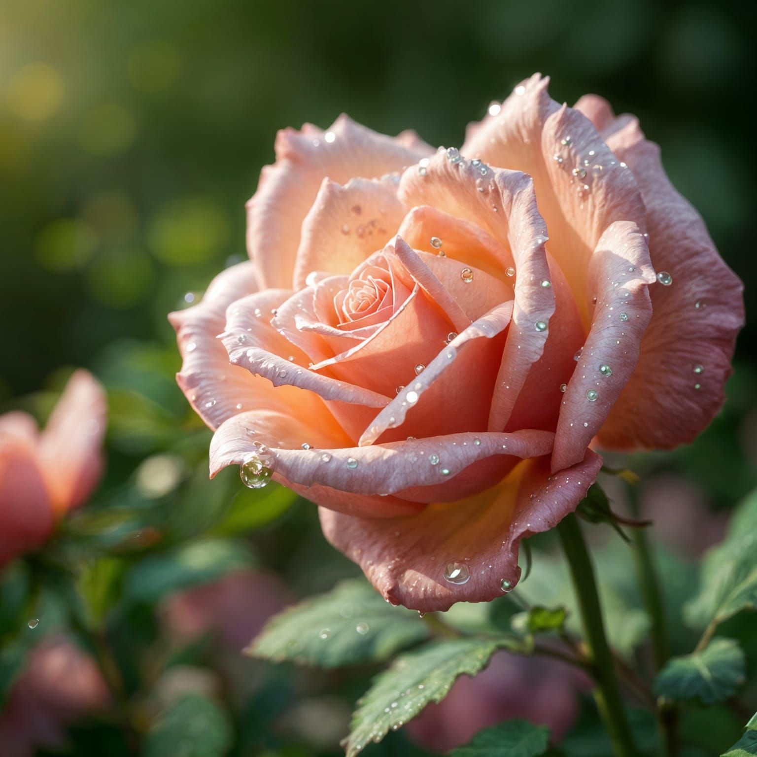 Dew-Kissed Rose in Hyperrealistic Garden at Dawn