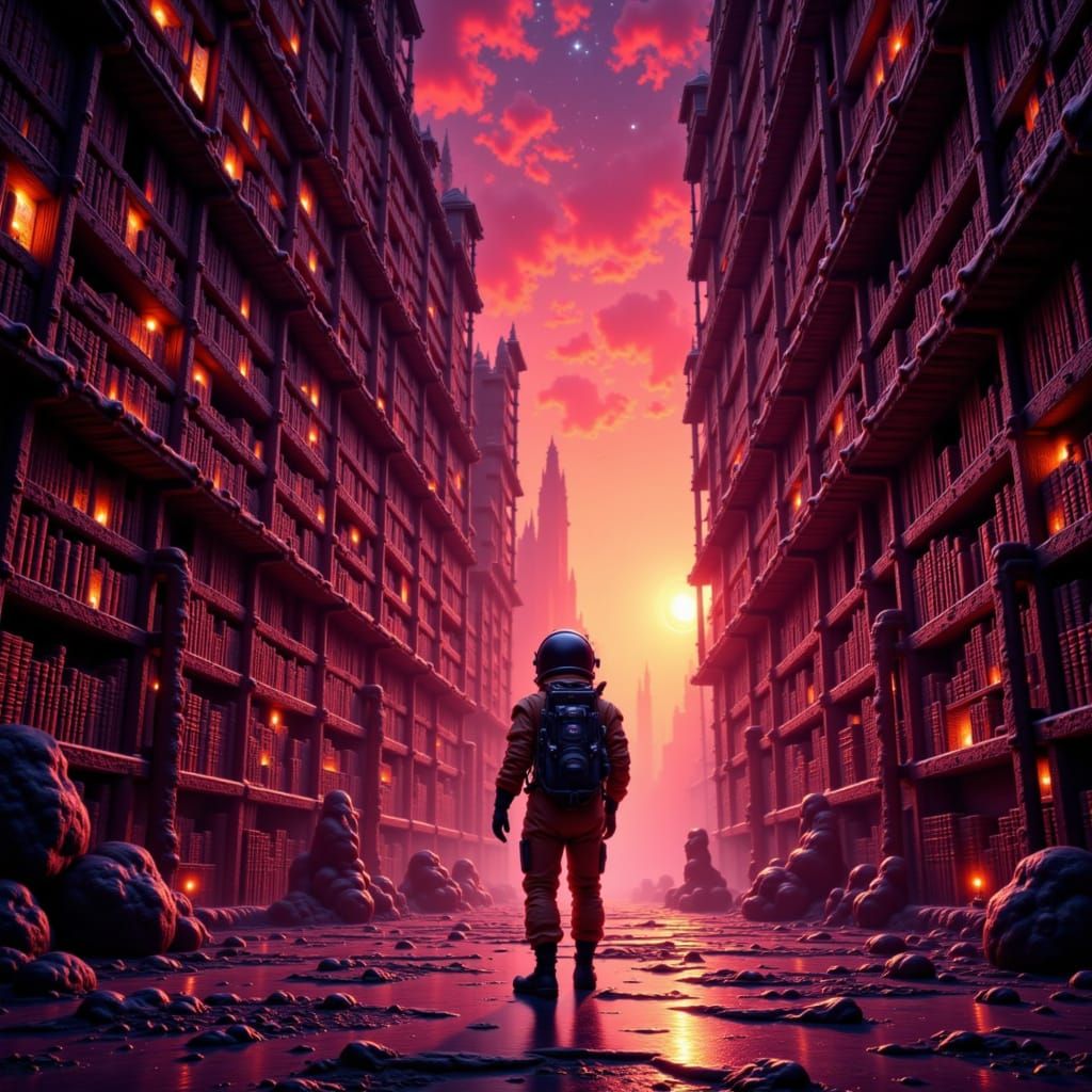 Astronaut Explores Alien Library on Crimson Planet