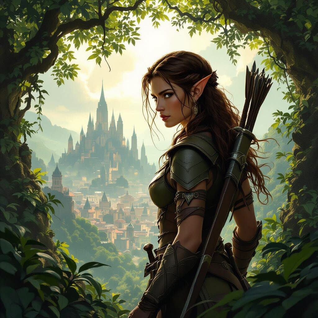 Elf Ranger Surveys City from Forest Canopy