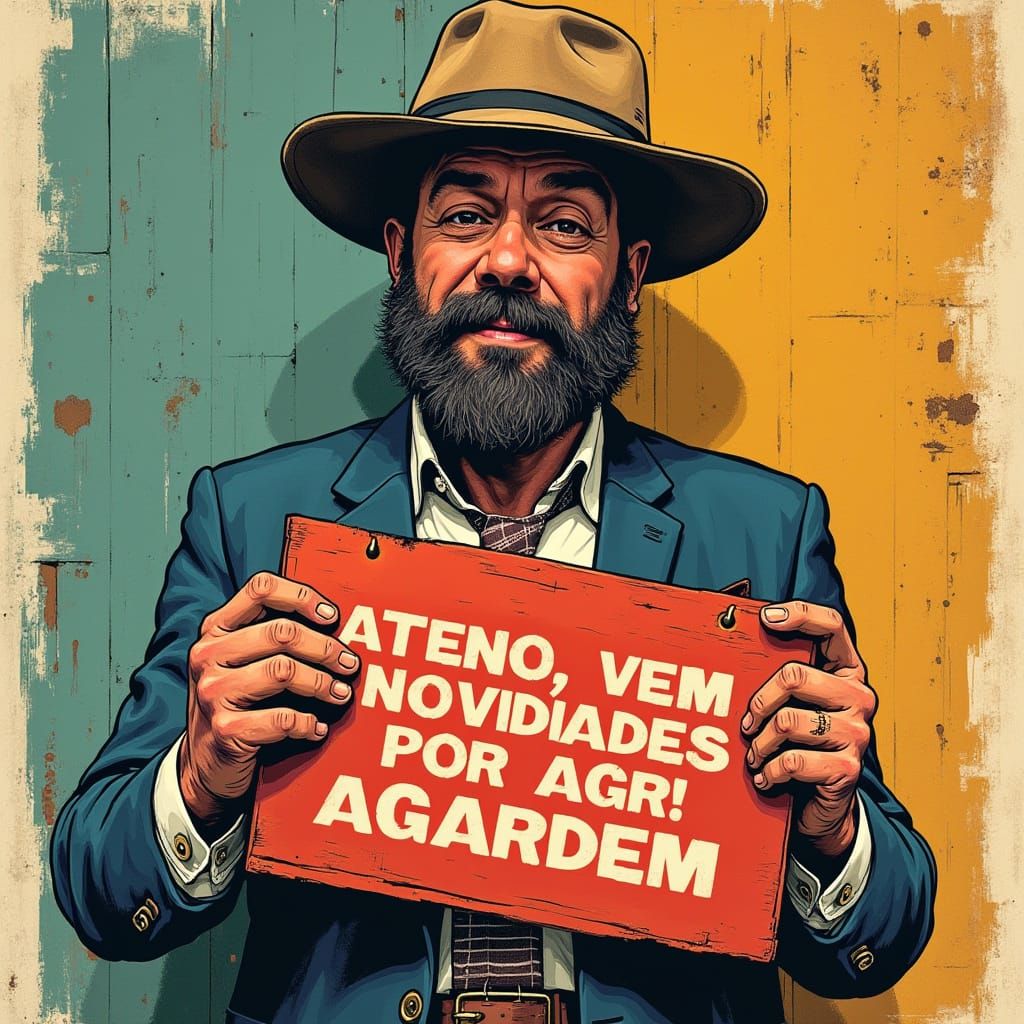 Businessman Holding Sign in Rauschenberg-Inspired Style