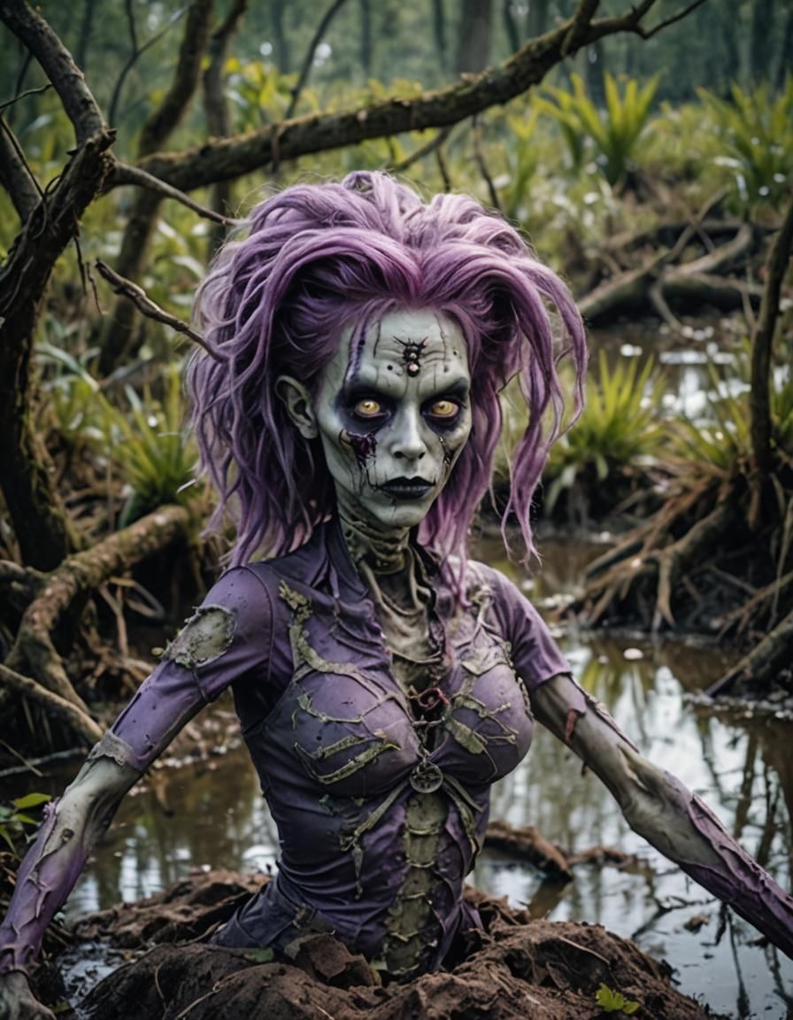 Zombie Girl Emerges from Swamp Grave: Cinematic Film Still