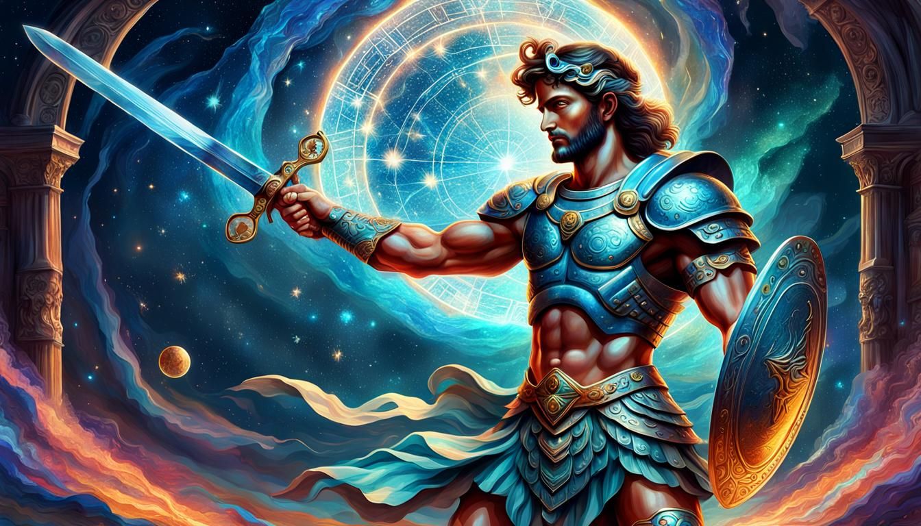 mythical god Perseus holds in his hands a shield and a sword...
