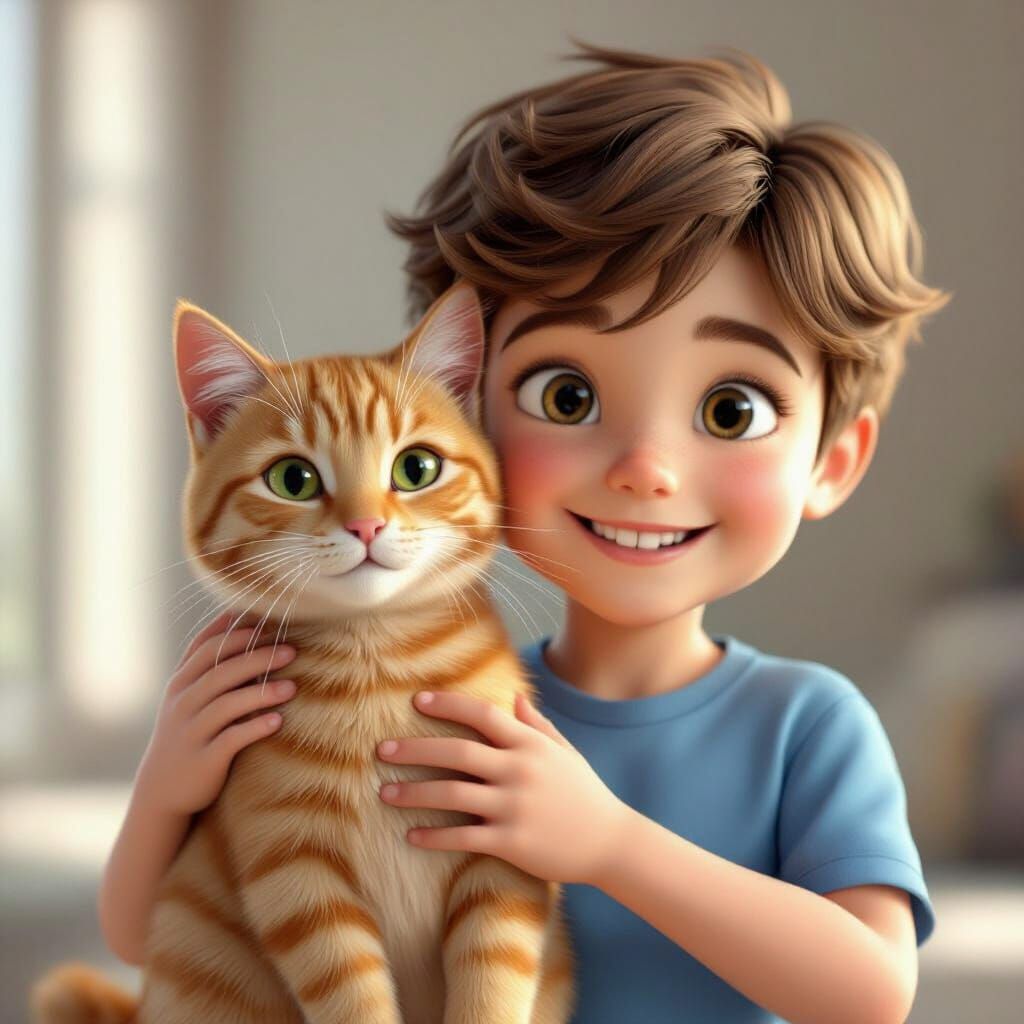 Cheerful Boy Holds Ginger Cat in Photorealistic 3D Render