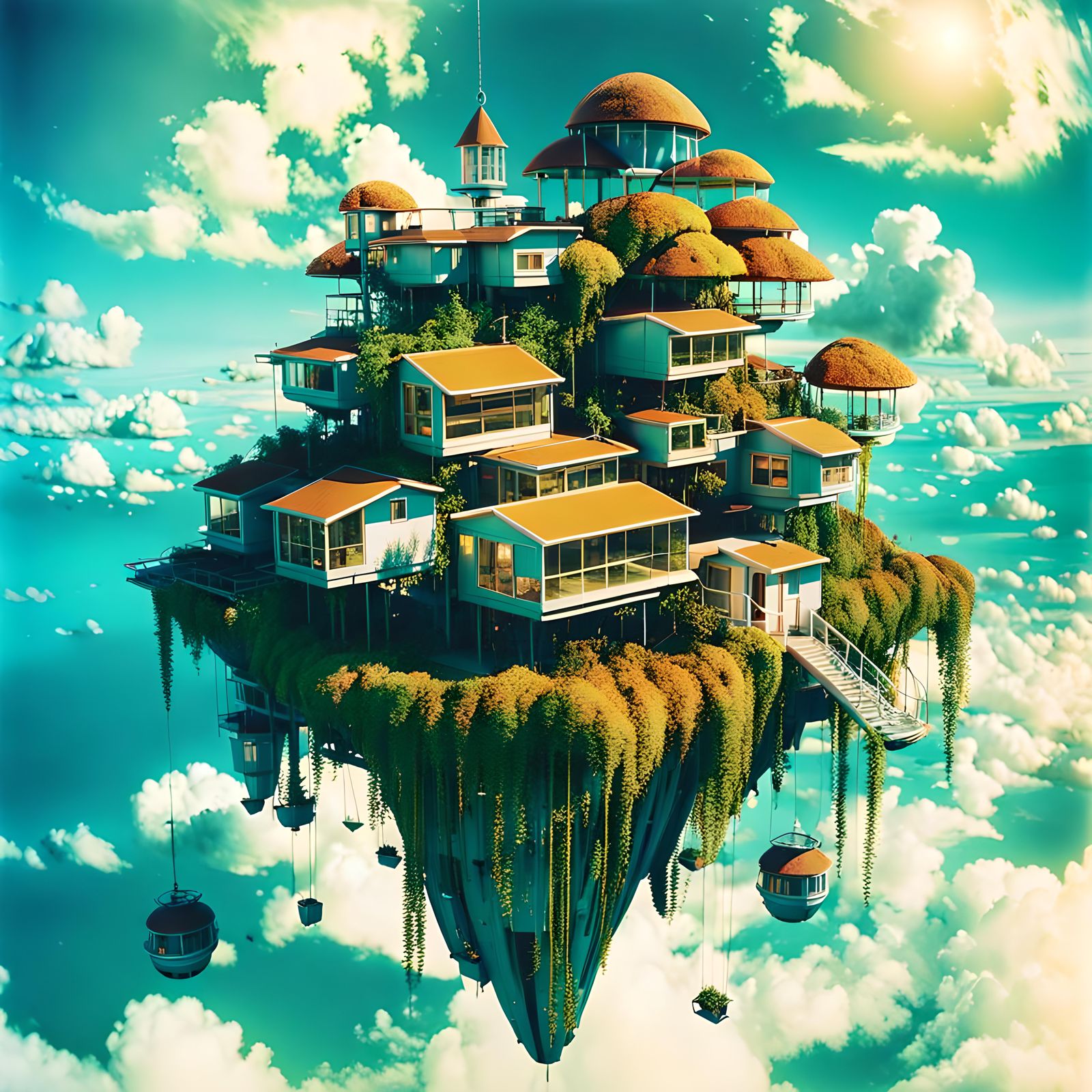Surreal Sci-Fi Village Floating in the Sky
