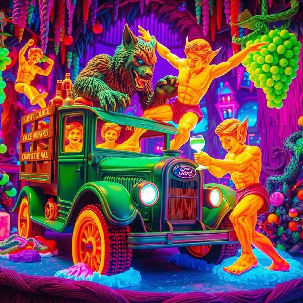 Psychedelic Nightclub Diorama with Werewolf Truck and Enchan...