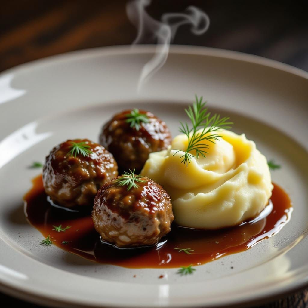 Gourmet Swedish Meatballs with Mashed Potatoes on Ceramic Pl...