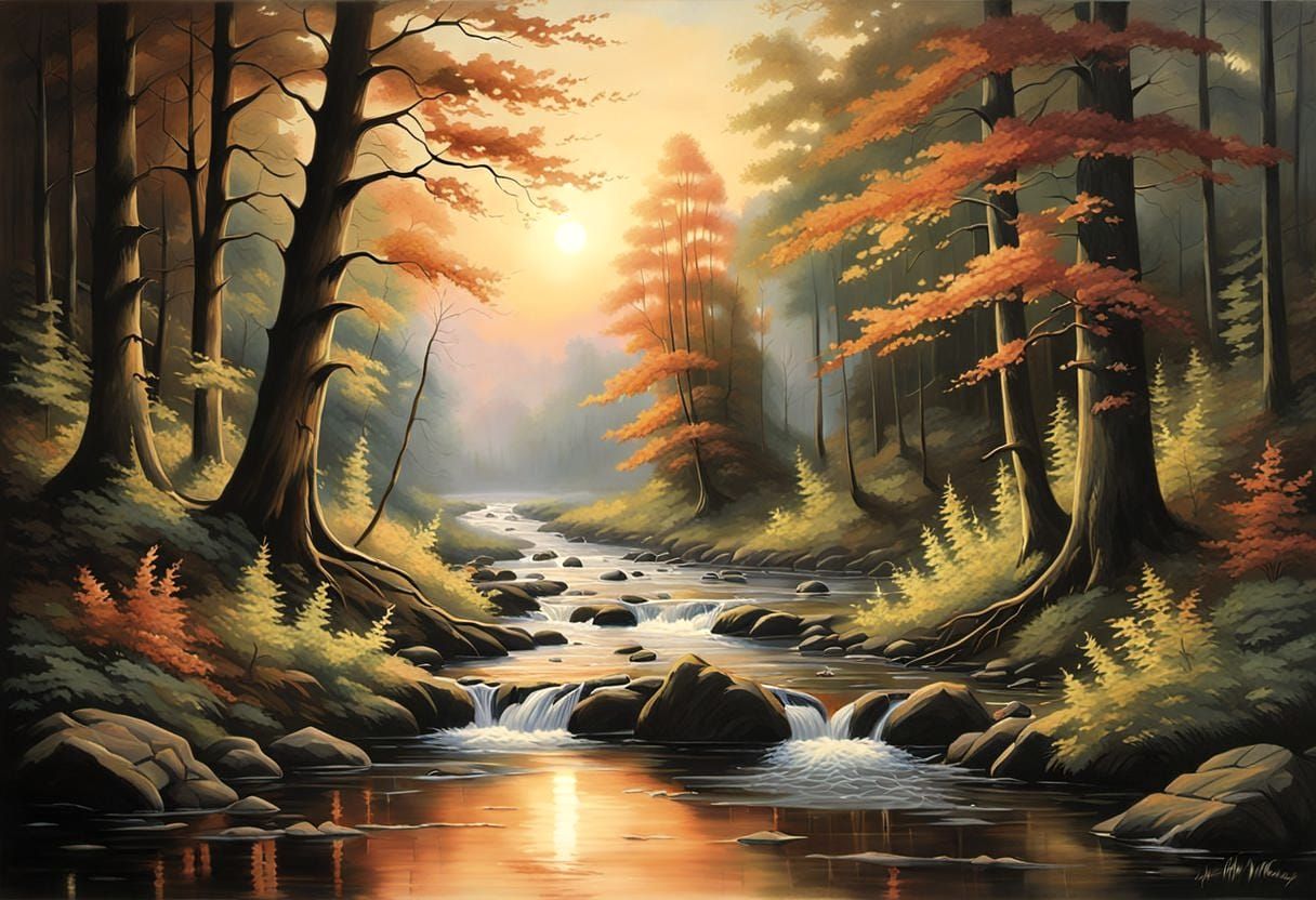 Romantic Sunset River Through Forest: Renaissance Painting