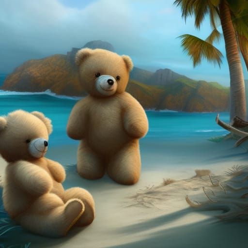 Teddy Bears Relaxing on a Colorful Beach