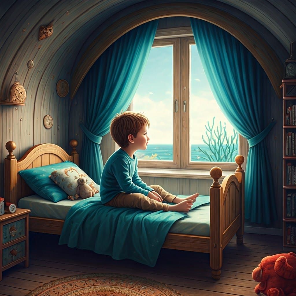 Surreal 3D Children's Room Scene with Hyperrealistic Sea The...