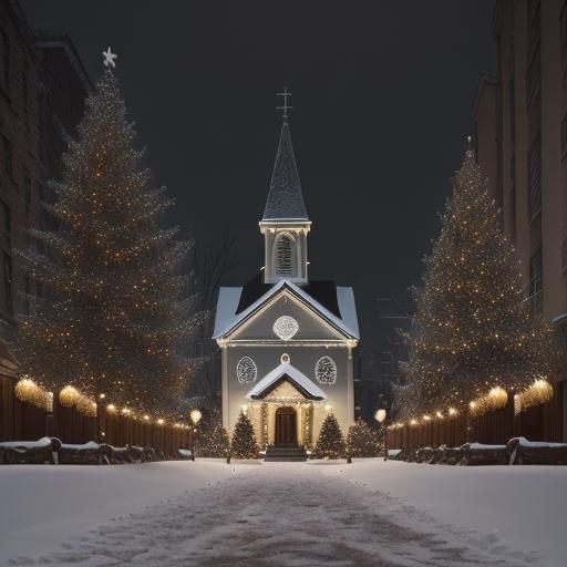 Christmas Eve Cityscape with Snowman and Church