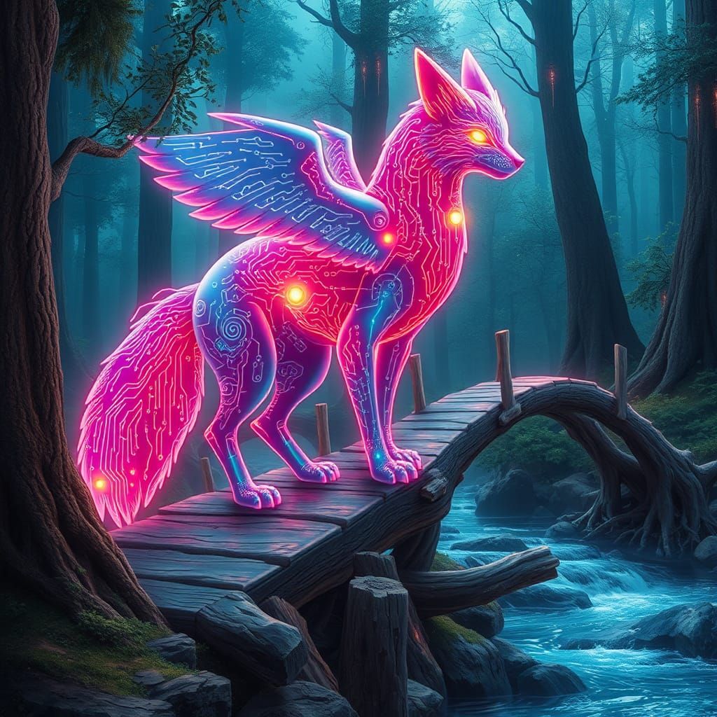 Neon Griffin-Fox Hybrid in Cyberpunk Forest