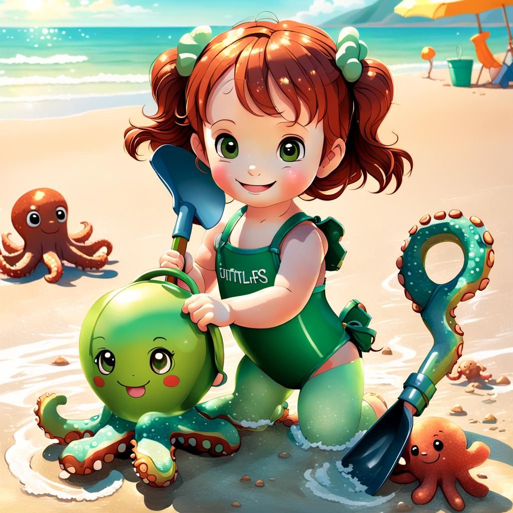 Anime Style Toddler Plays on Beach in 3D