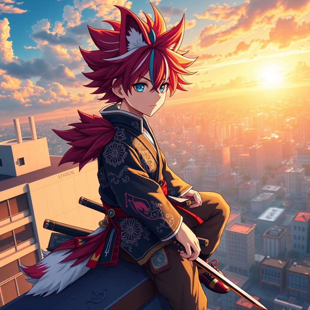 Anime Teen Samurai Wolf on Rooftop