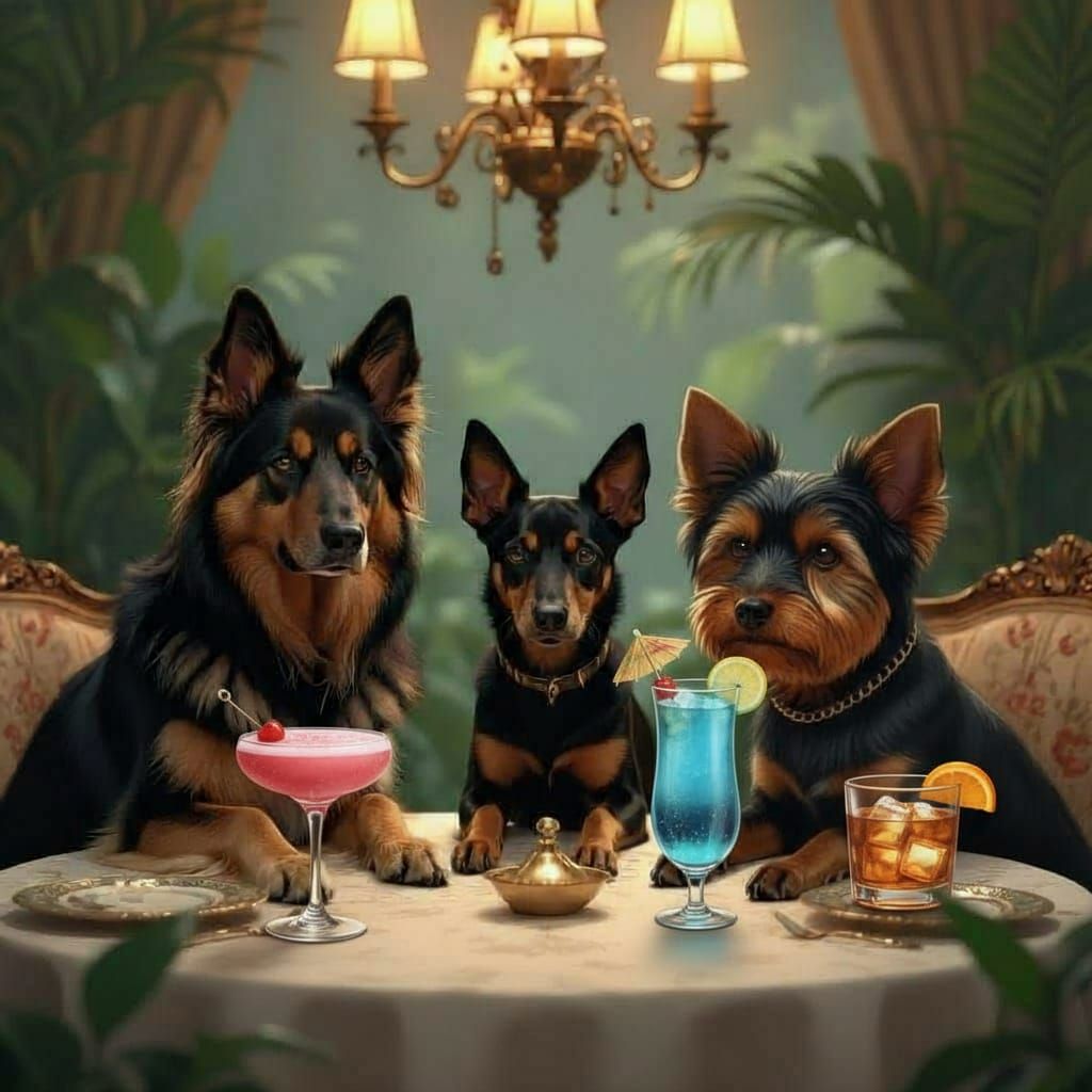 Dogs Enjoying Cocktail Hour at a Table