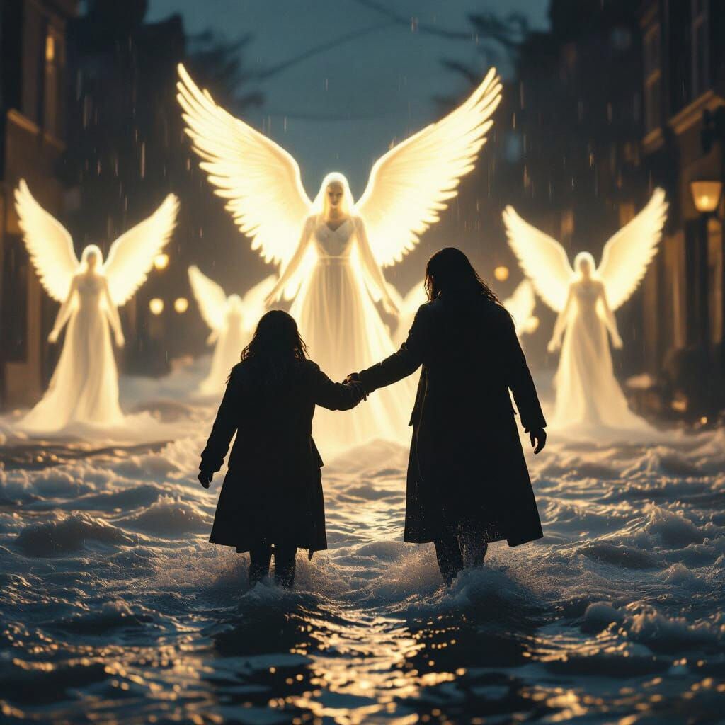 Angelic Rescue in Flooded City Streets at Night