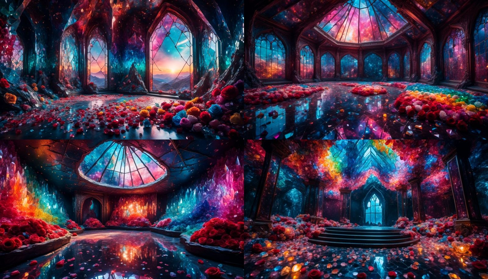 Multi-Colored Crystal Cavern with Sunlight and Roses