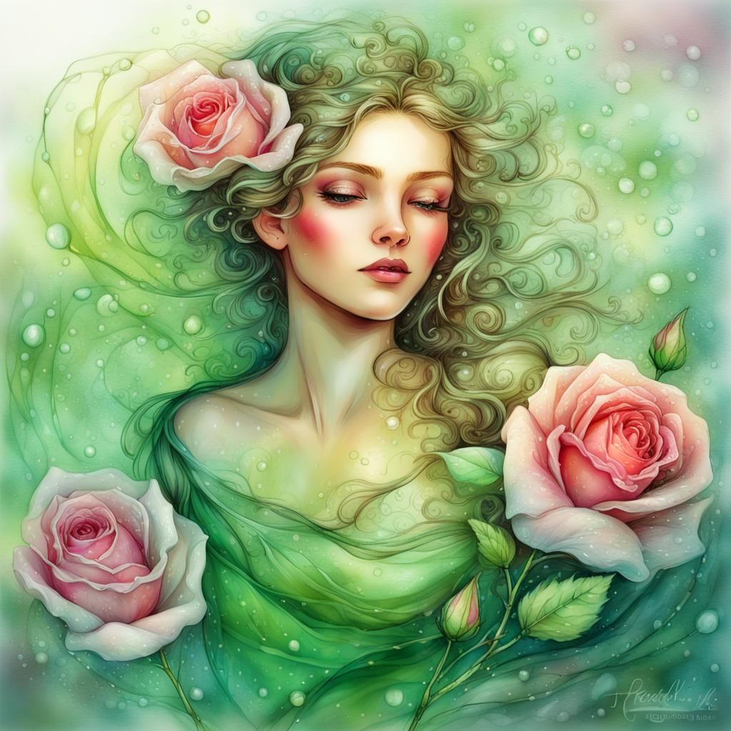 Fairytale Princess with Roses in Alcohol Ink Style