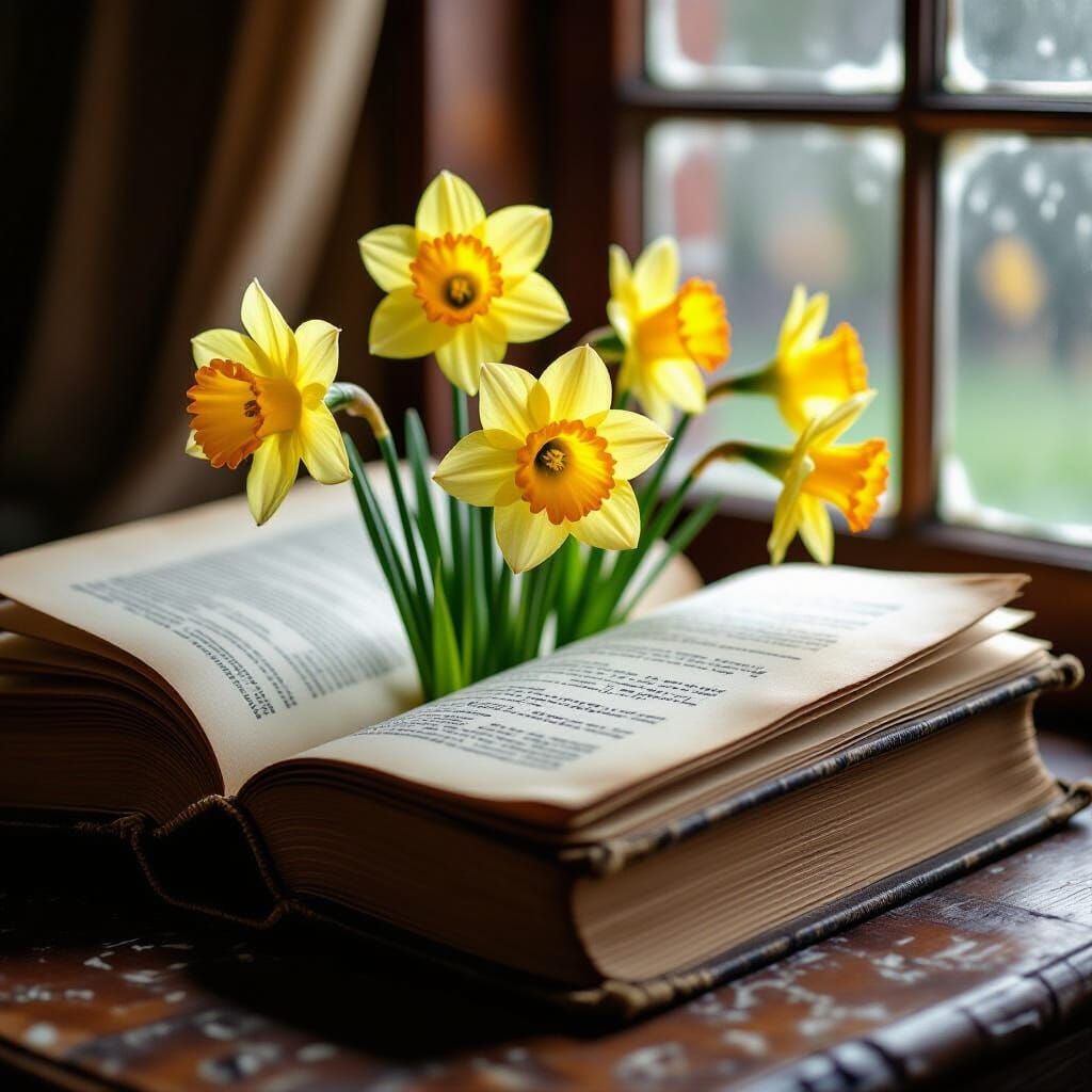 Daffodils Bloom from Ancient Book, Macro Photography