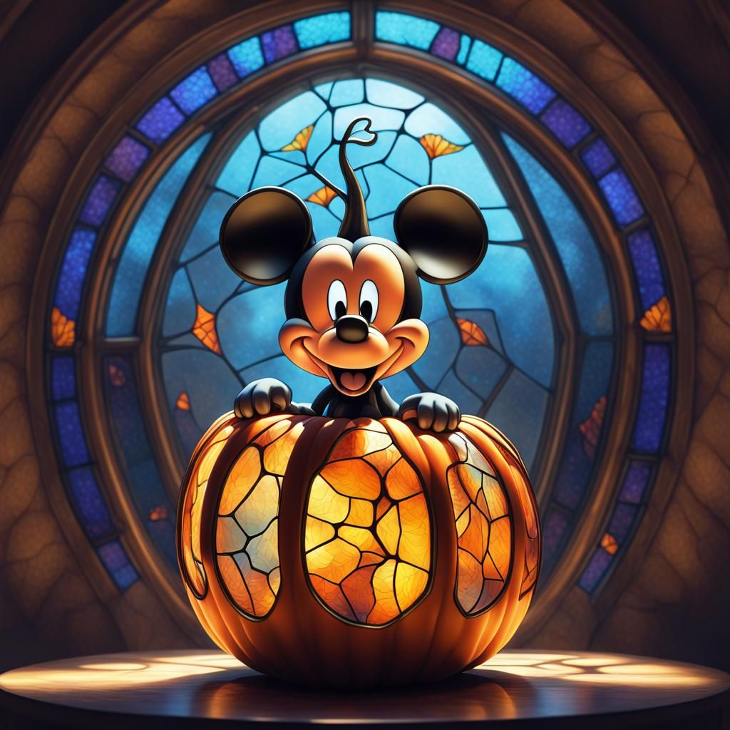 mickey little mickey mouse carved in a transparent stained glass pumpkin