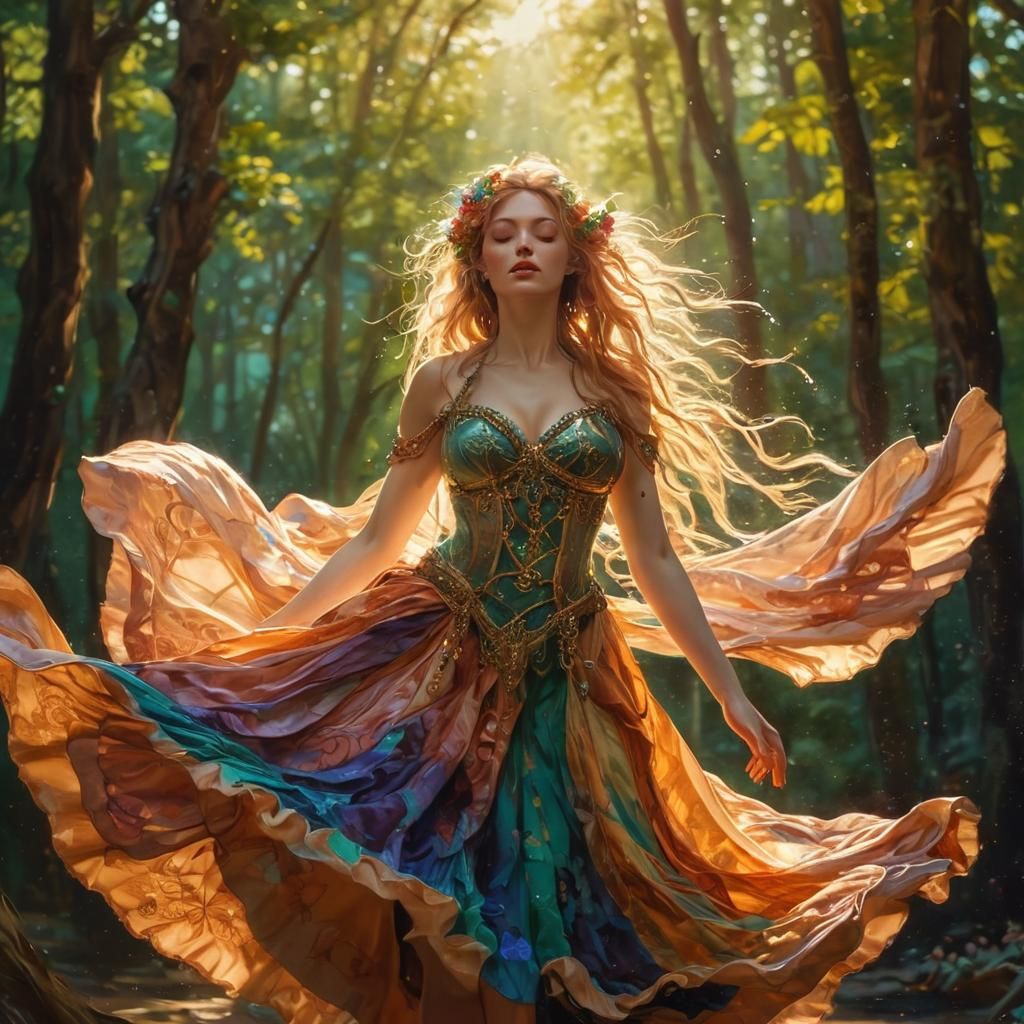 Flibbertigibbet in Art Nouveau Paradise, Whimsical Oil Paint...