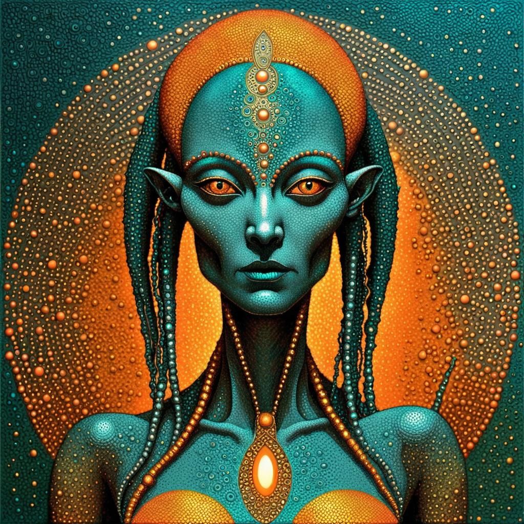 Luminous Tribalcore Shaman Alien Mage in Pointillism