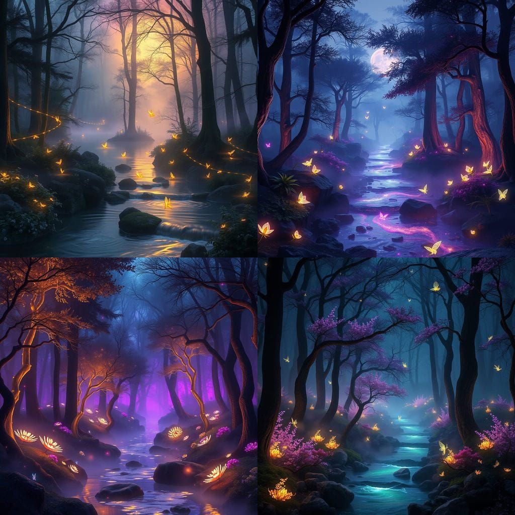 Ethereal Twilight Forest Scene in Vibrant Colors