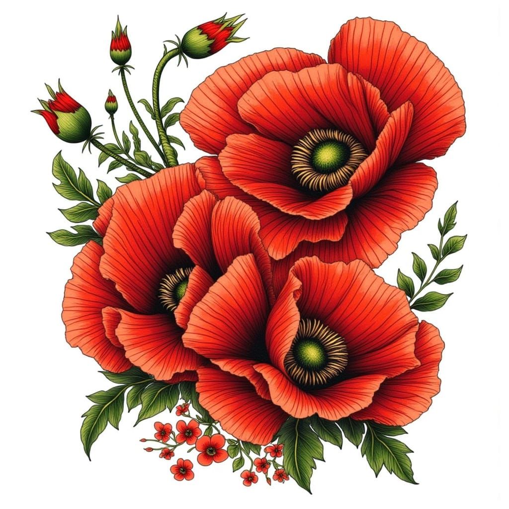 Neo-Traditional Red Poppies Tattoo Design with Zentangle Det...