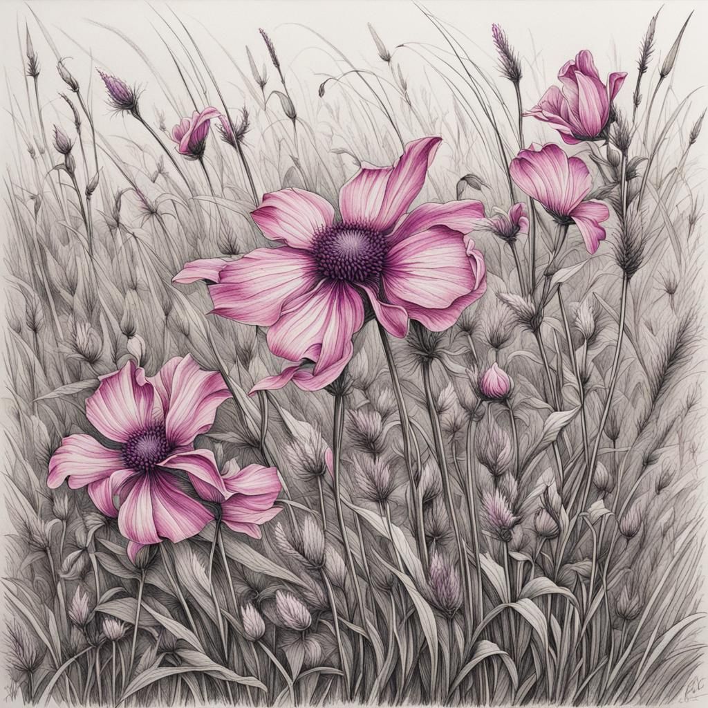 Detailed Black Ink Wildflower in Windy Field