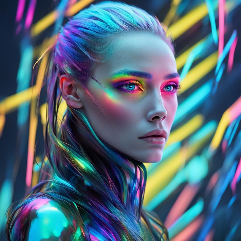 Iridescent Women Morphing with Neon Eyes