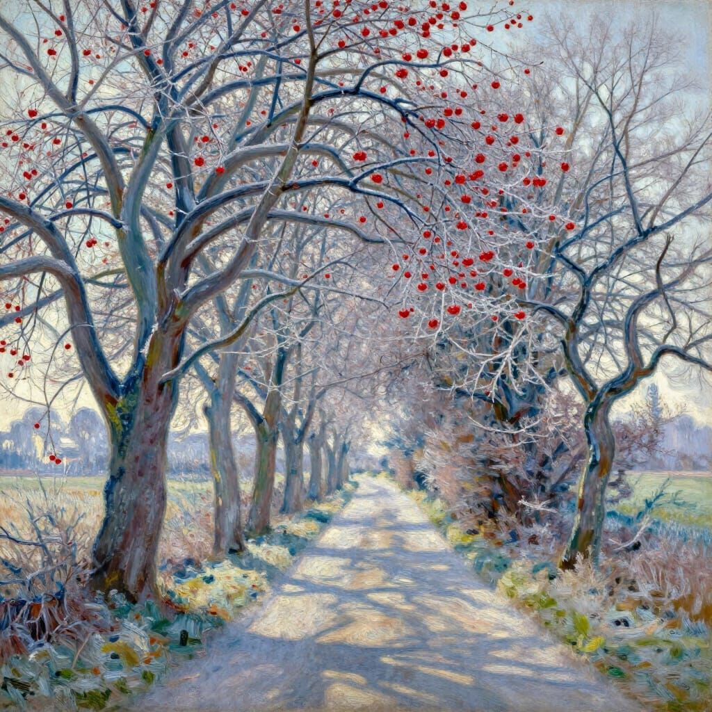 Winter Country Lane with Abstract Trees and Red Berries
