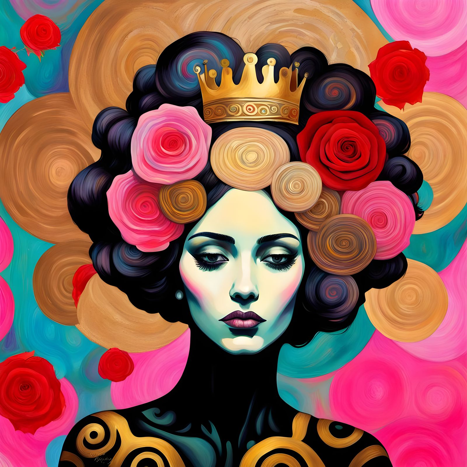 Woman with Crown and Klimt Swirls in Oil Painting