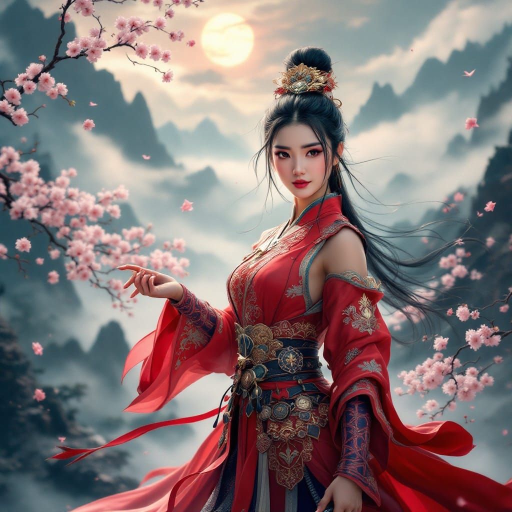 Ancient Chinese Warrior Poised in Heroic Splendor