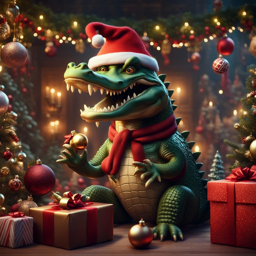 A crocodile celebrates Christmas