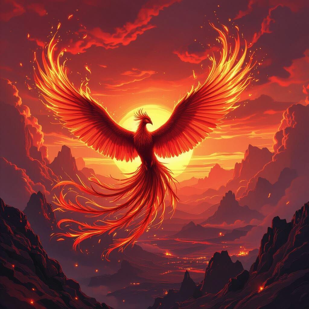 Majestic Phoenix Soaring Through Fiery Surreal Landscape