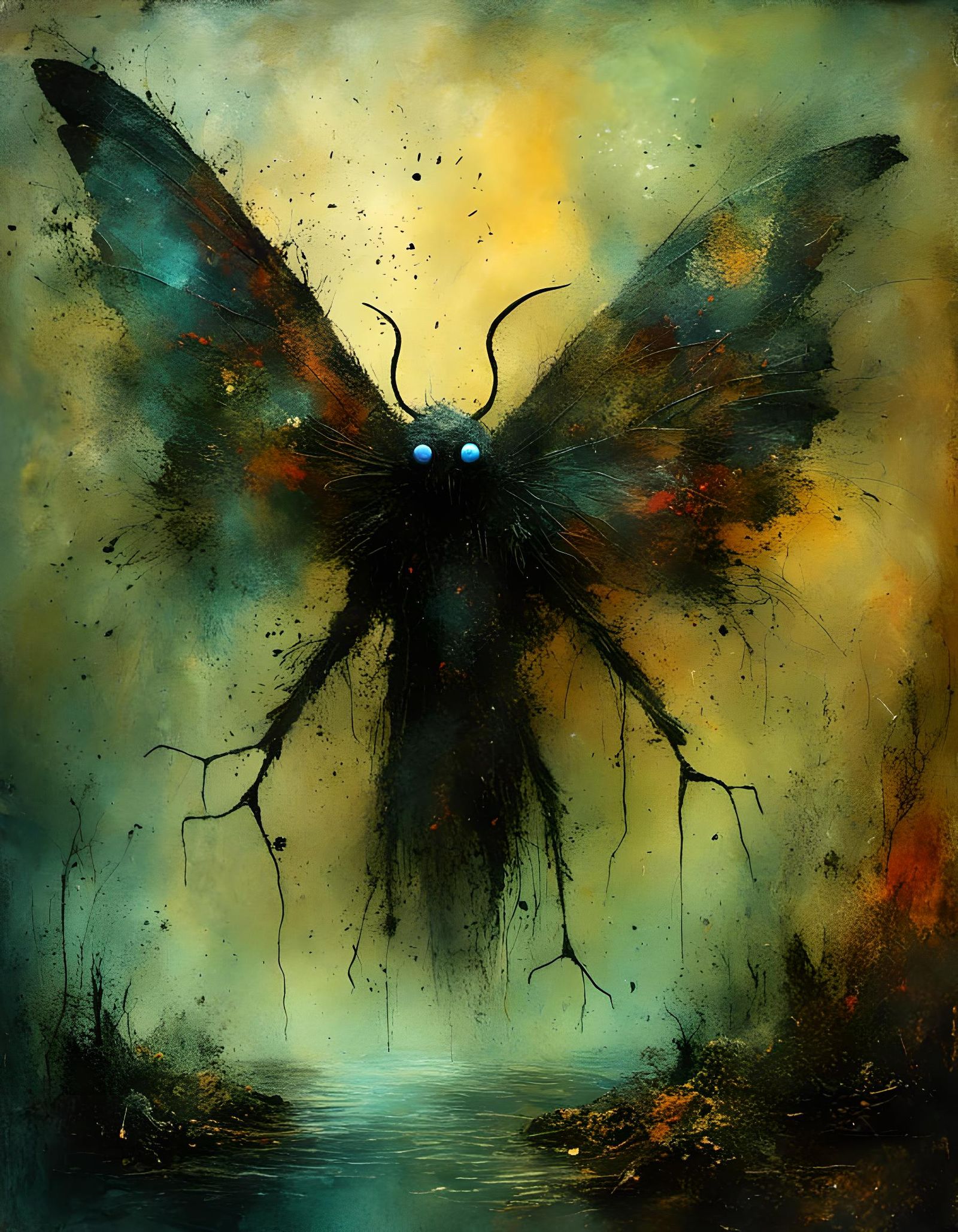 Mothman Cryptid over Bridge in Dark Oil Splash
