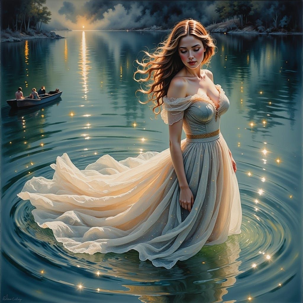 Watercolor Portrait of a Sad Woman in Lake