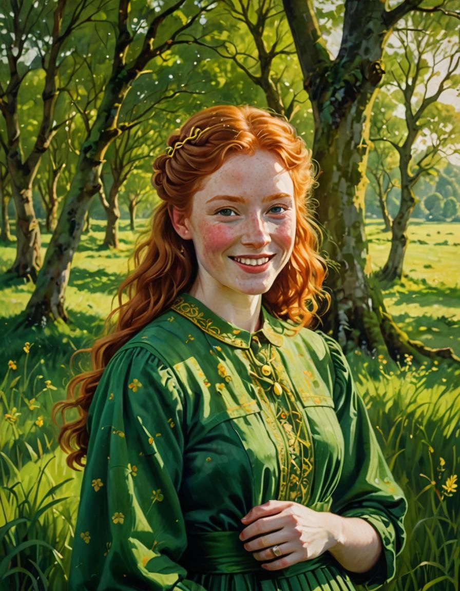 Smiling Irish Girl in Lush Meadow, Impressionist Oil Paintin...