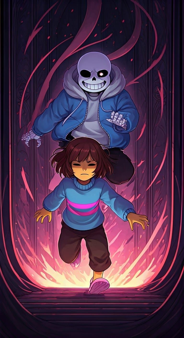 Frisk vs Sans: Judgement Hall Battle in Art Nouveau Style
