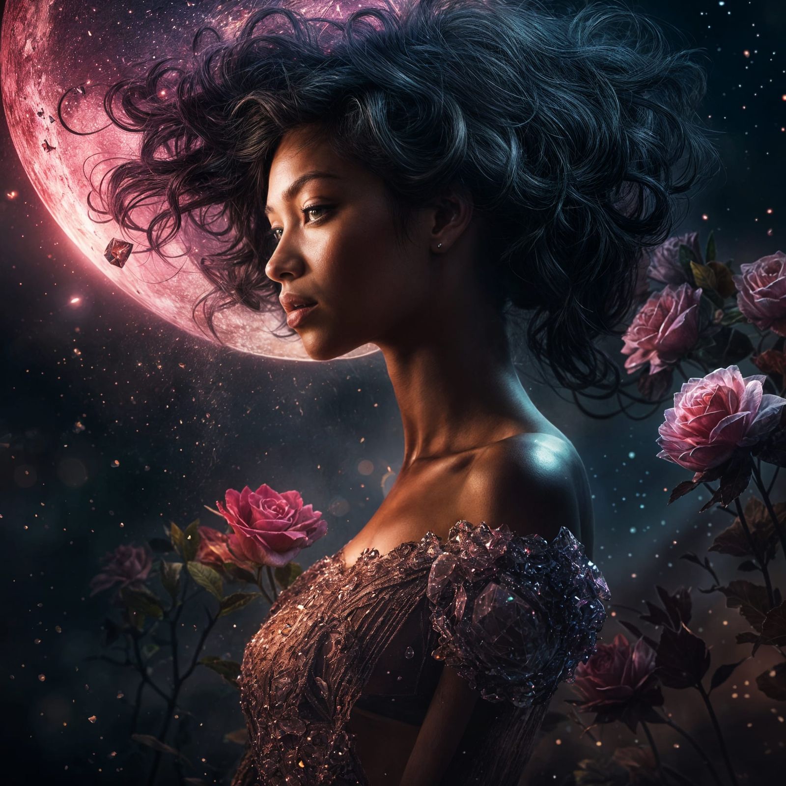 Luminous Woman with Rose Under Silver Moon
