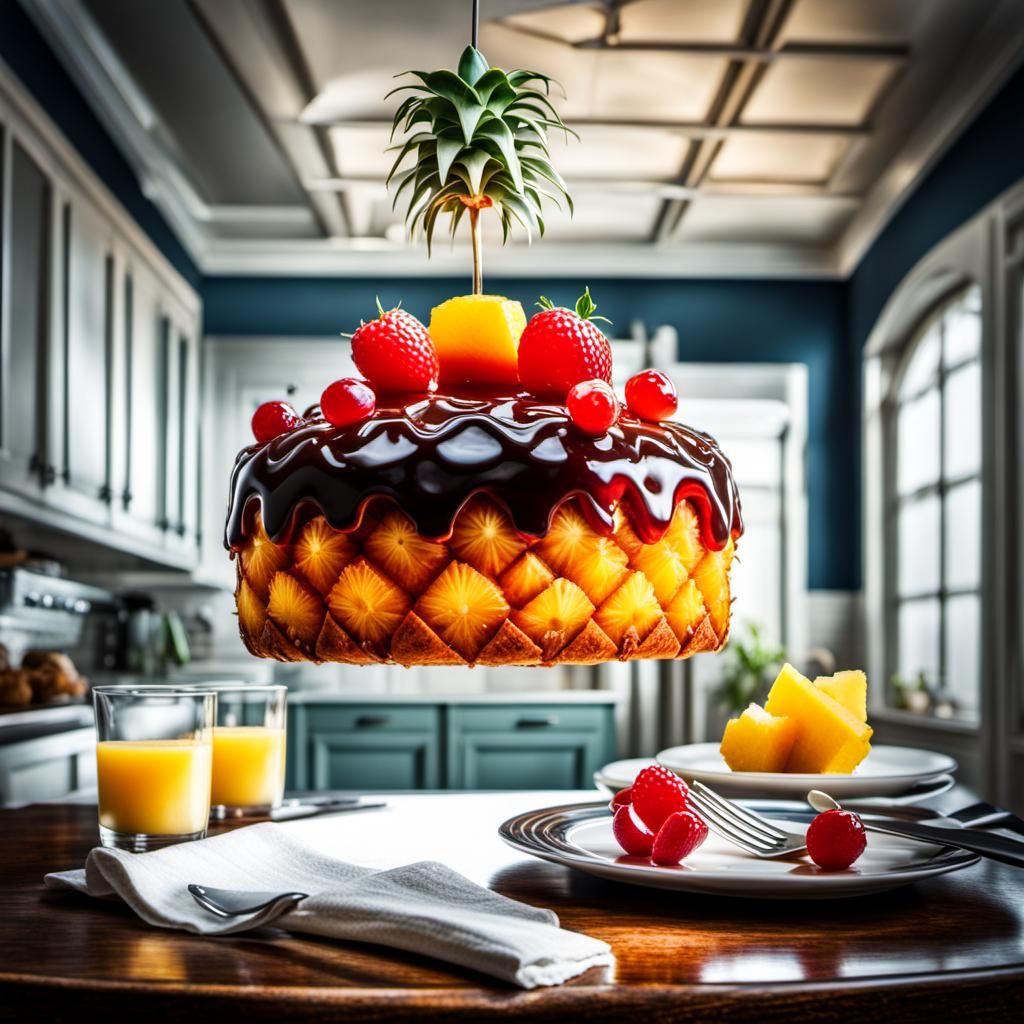 Hyperrealistic Upside Down Pineapple Cake in Kitchen
