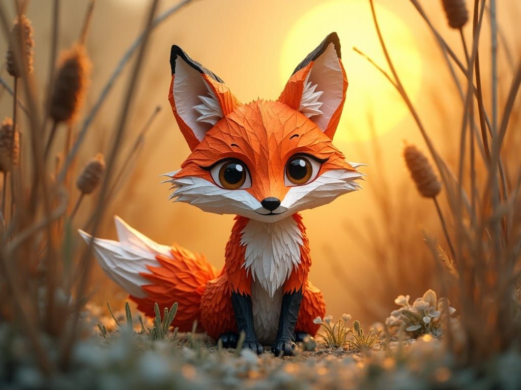 Origami Fox Kit in Magical Forest, Digital Art