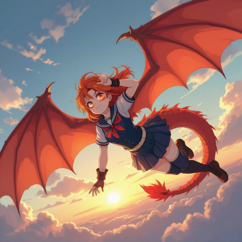 Anime Girl with Dragon Wings Flying Above U.A.