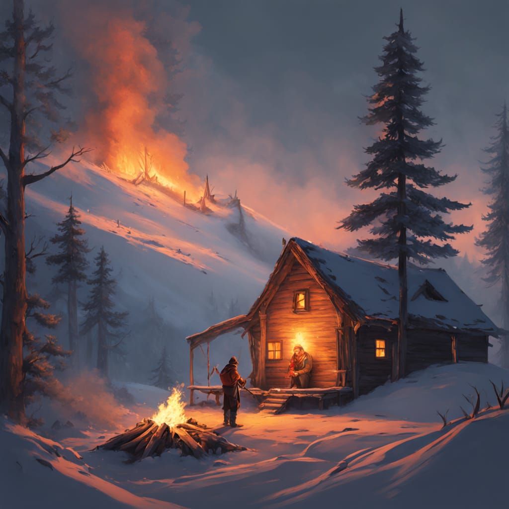 Solitary Figure Feeds Fire in Winter Mountain Home